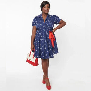 🦋B2G1🦋UNIQUE VINTAGE Blue Dog & Candy Cane Wrap Dress NWT